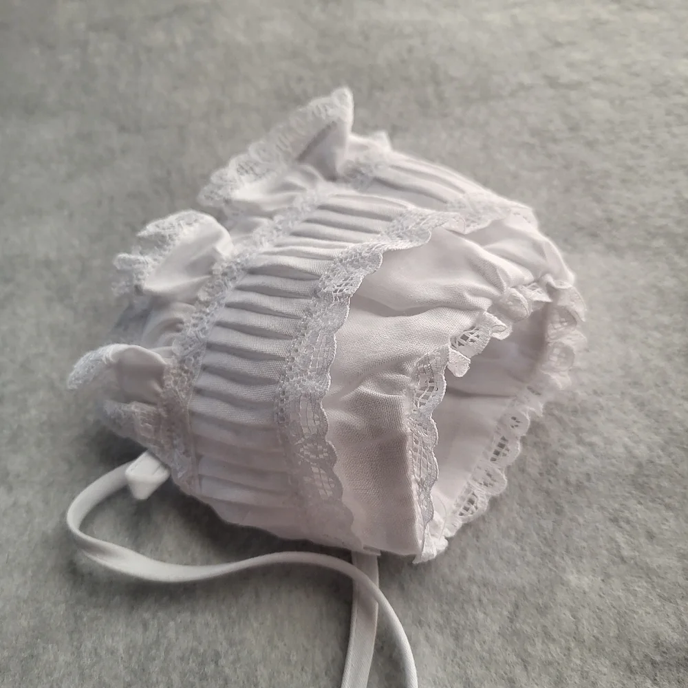 New Born Baby Bonnet Vintage 1986 White Open Back Tie Closure